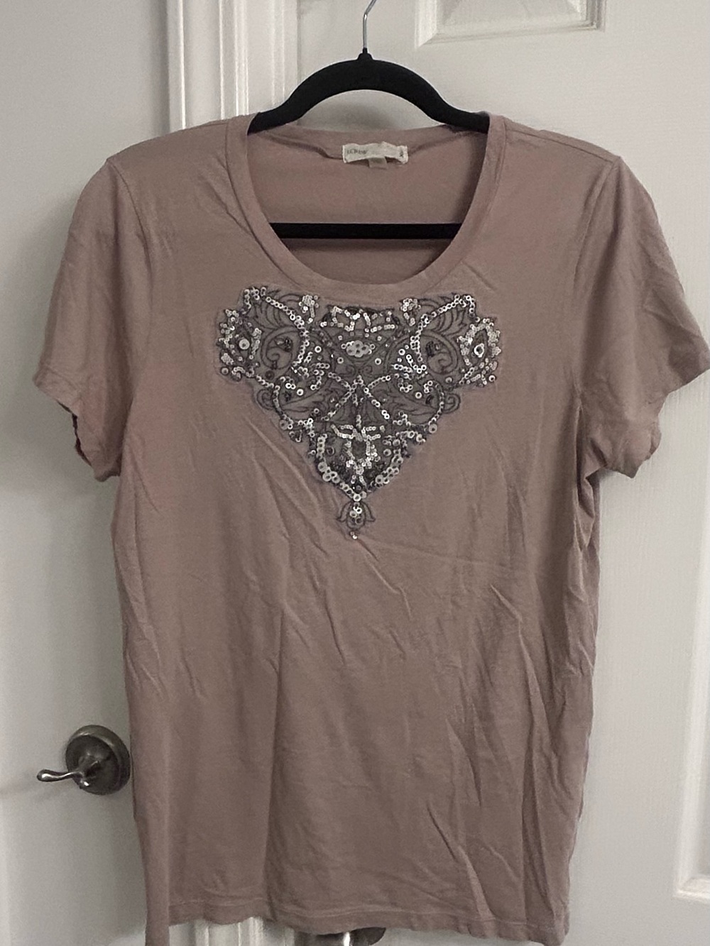 J.Crew Sequin Embellished T-Shirt Women’s XL Taupe Beige 100% Cotton